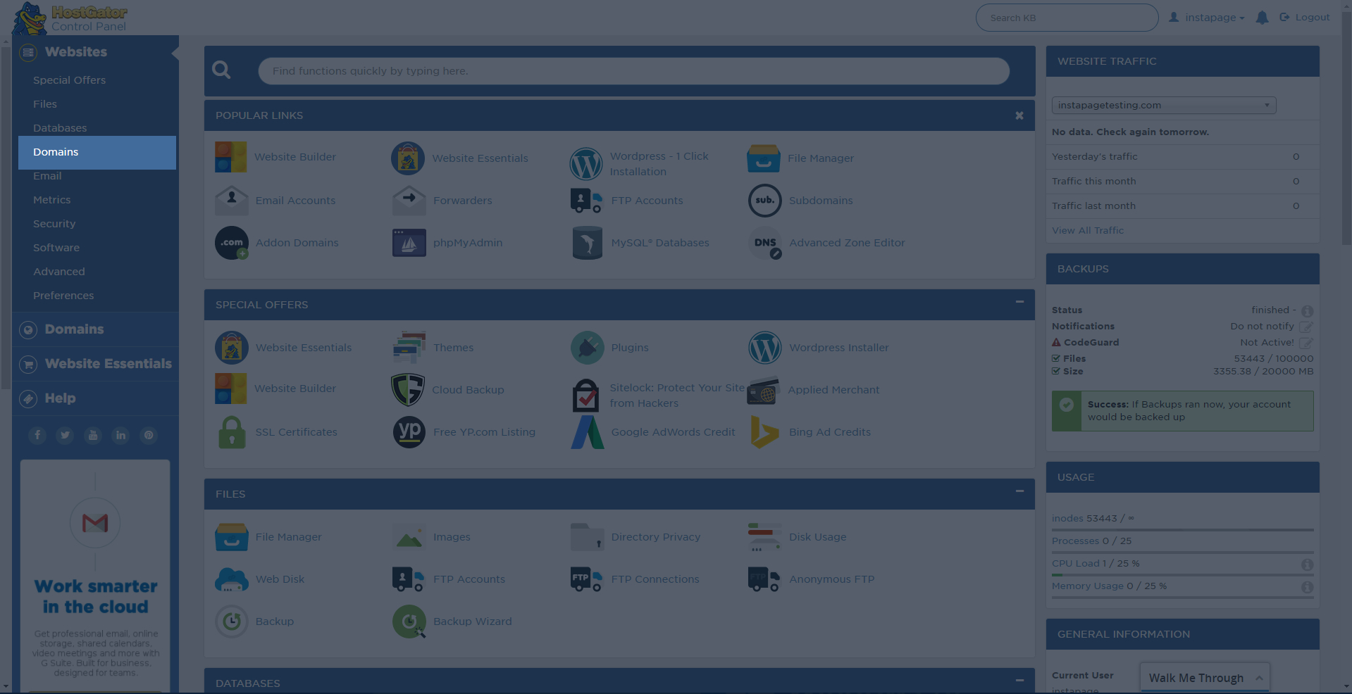 hostgator domains window