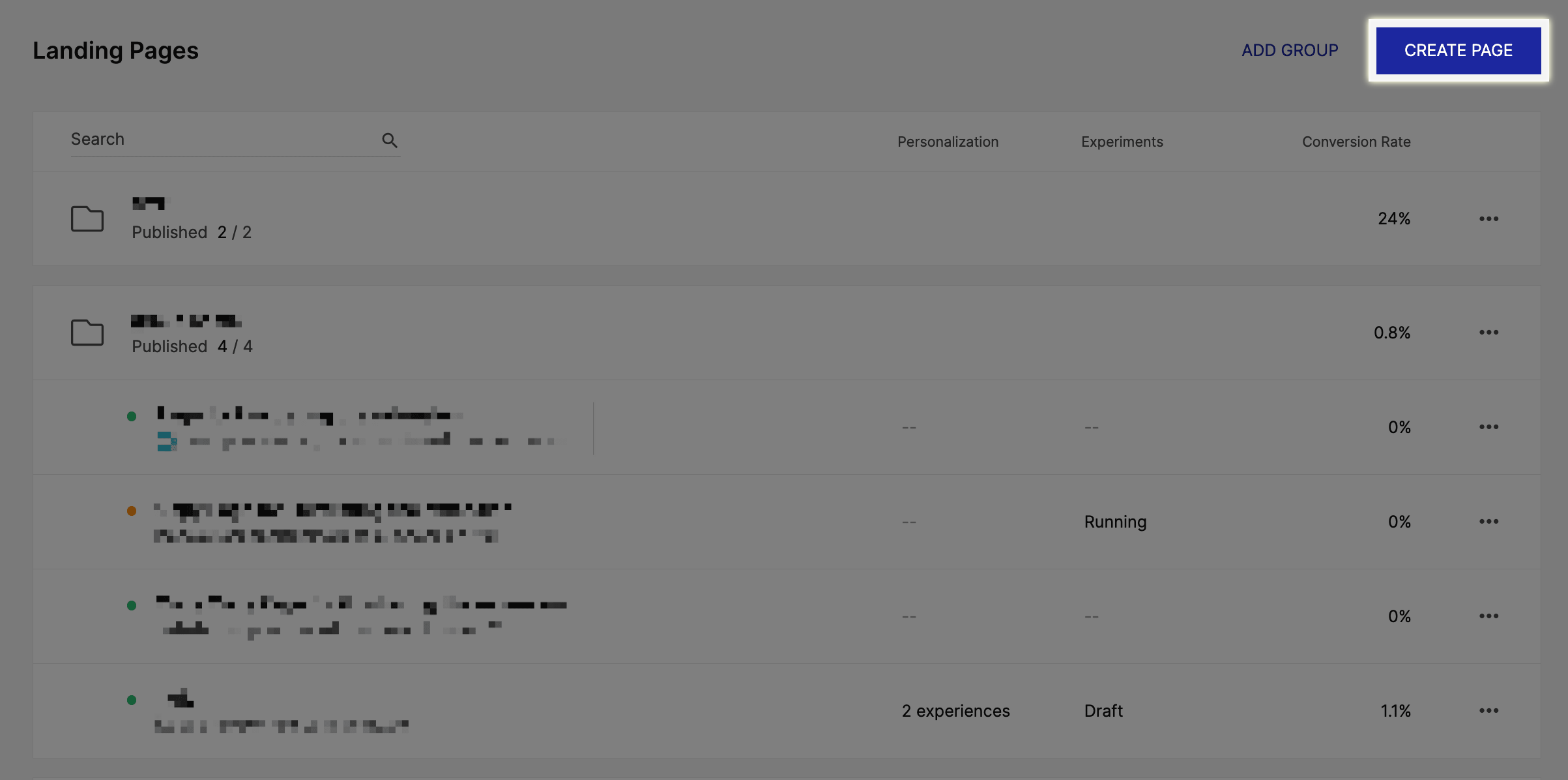 Grouping, sorting and managing your pages in the Landing Pages tab