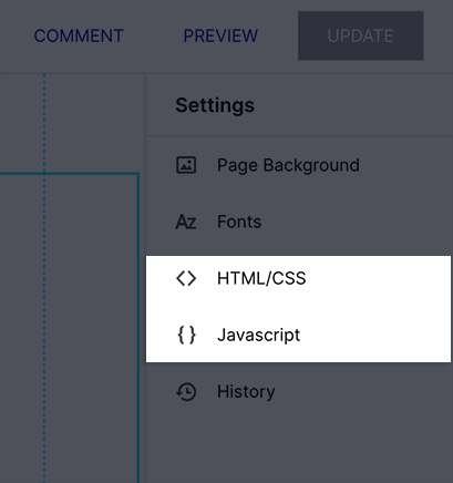 image of the settings tab where HTML CSS and Javascript code snippets can be added