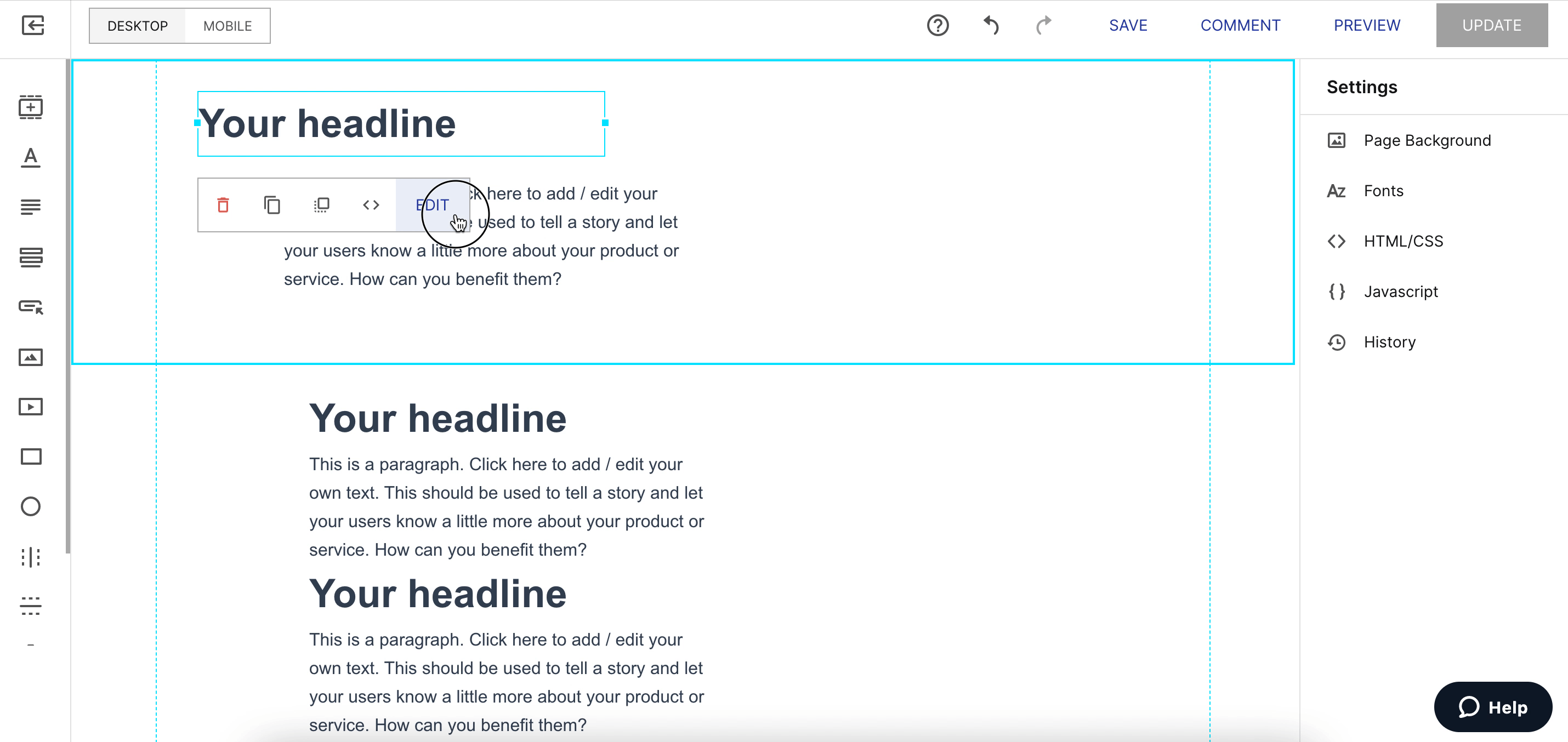A GIF showing how to pick a heading rank for a headline text box in the Instapage builder