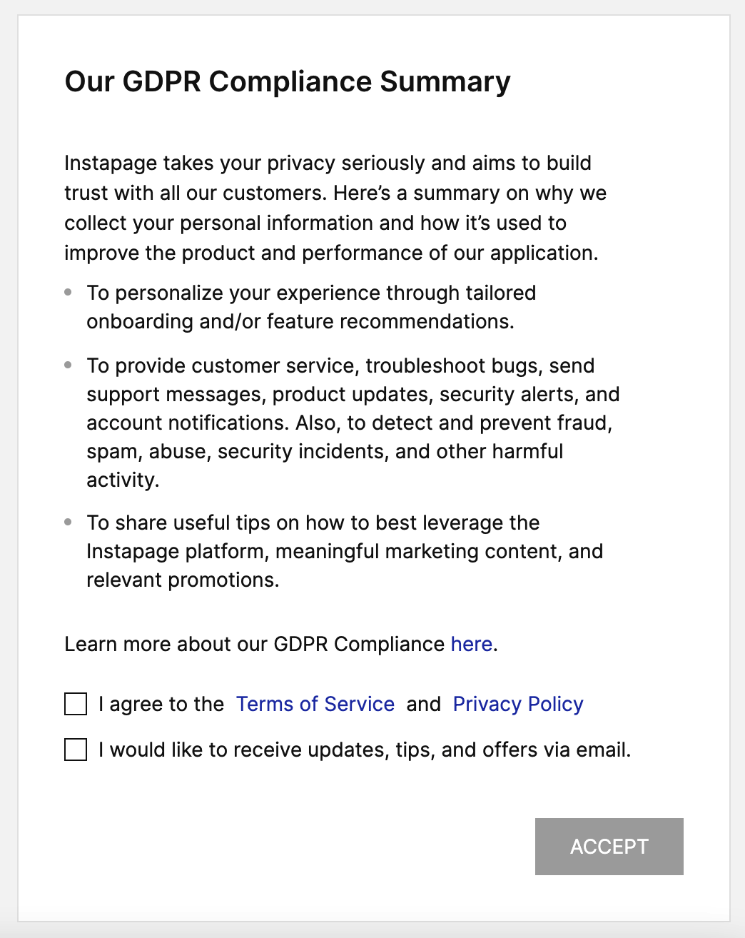 GDPR information and consent checkboxes