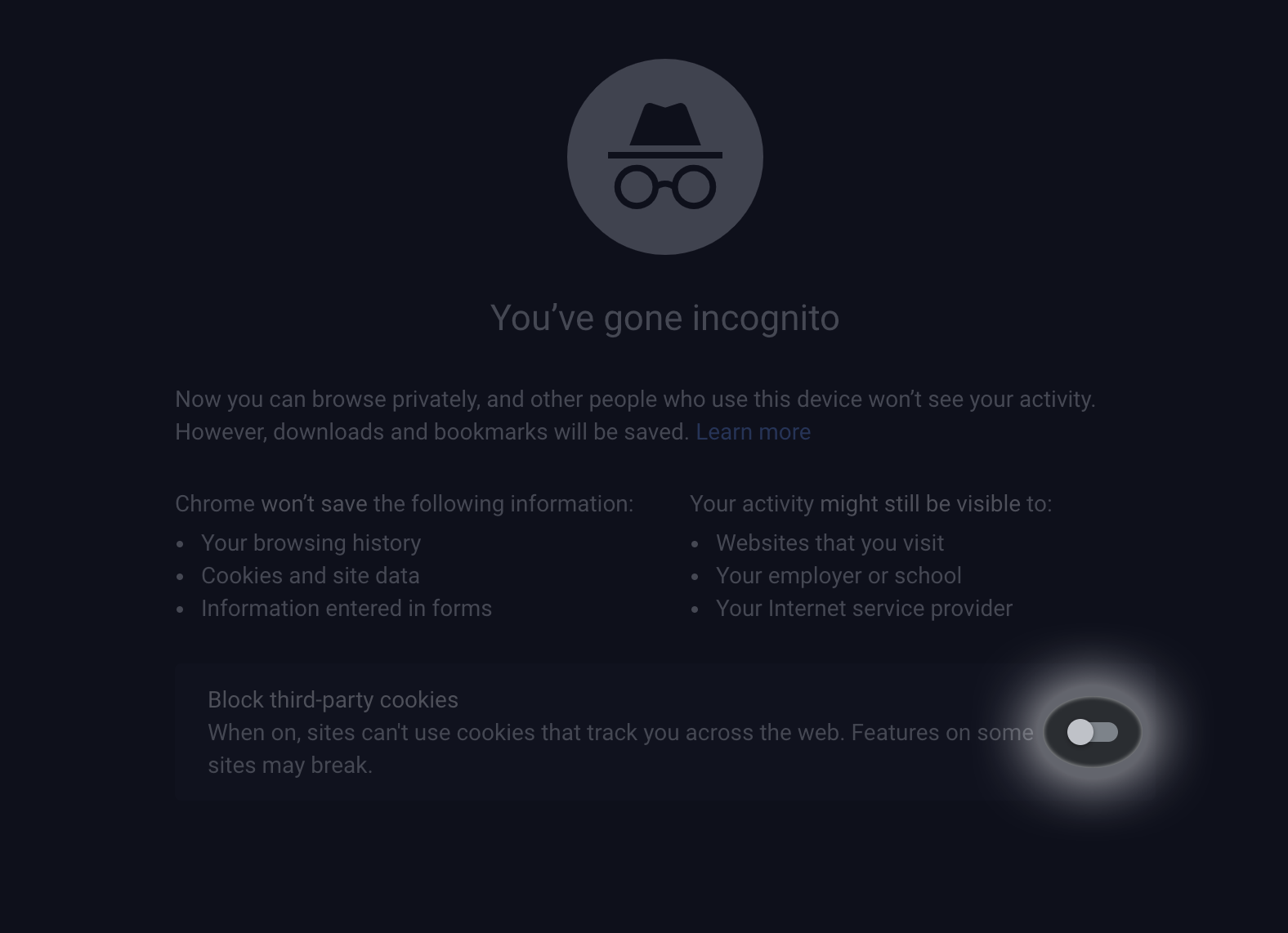 A screenshot of the opening screen for incognito mode with a highlight on the checkbox that needs to be disabled