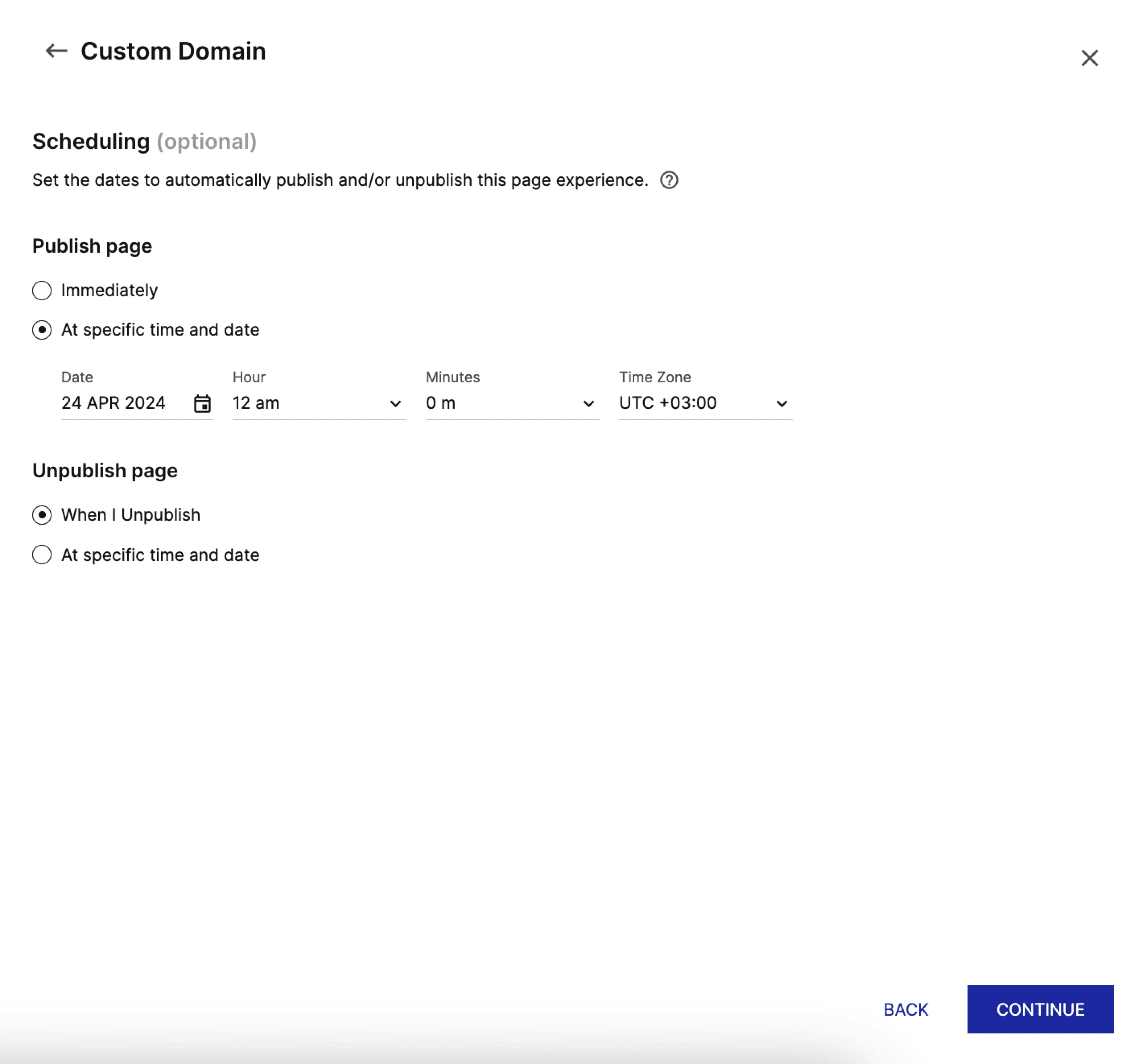  a screenshot showing the two separate fields for choosing the scheduled time to publish and unpublish the page