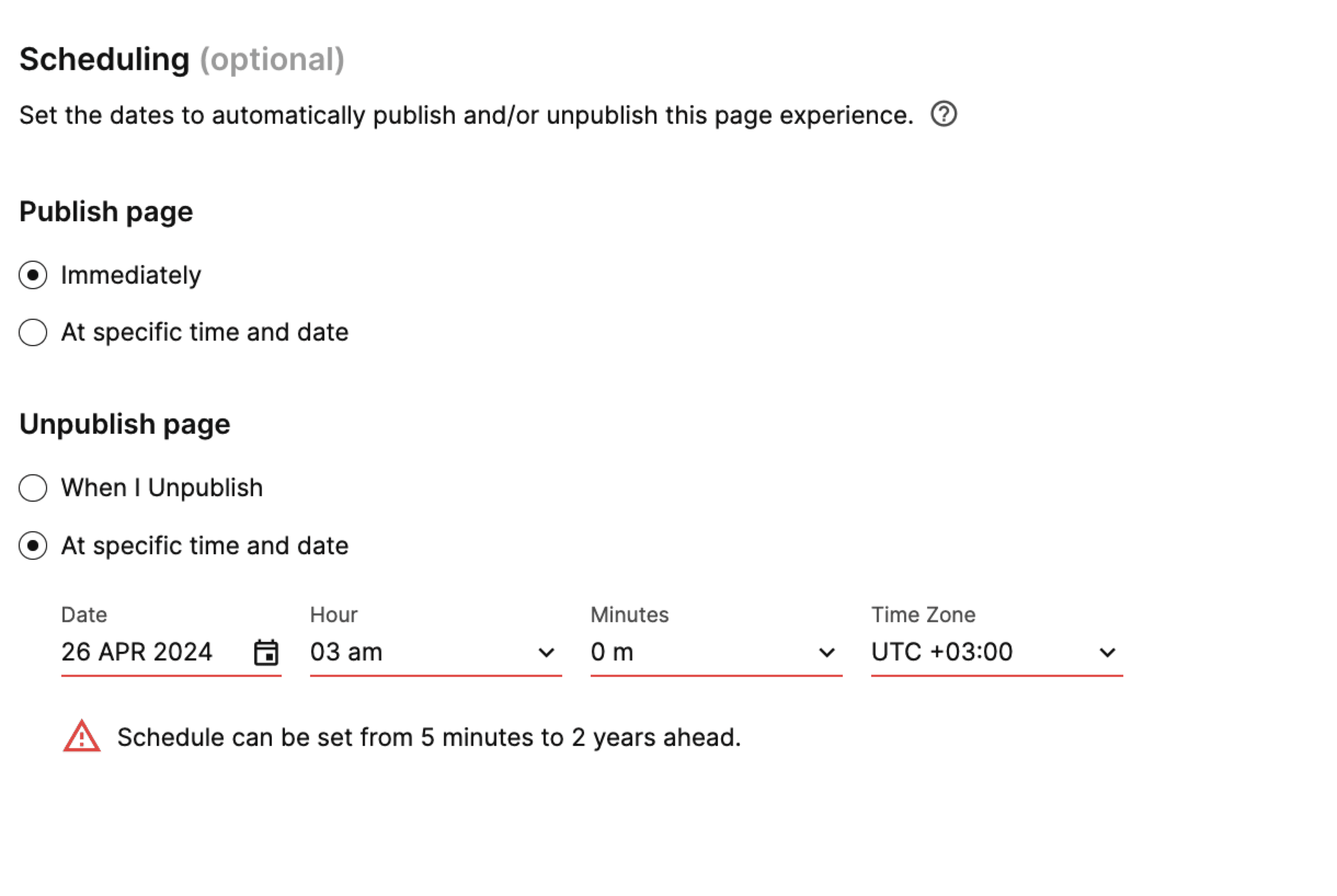 Error message stating that the schedule can be set from 5 minutes to 2 years ahead