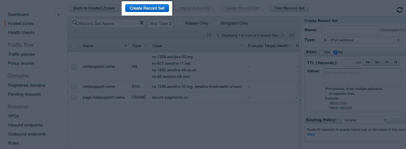 create record set button