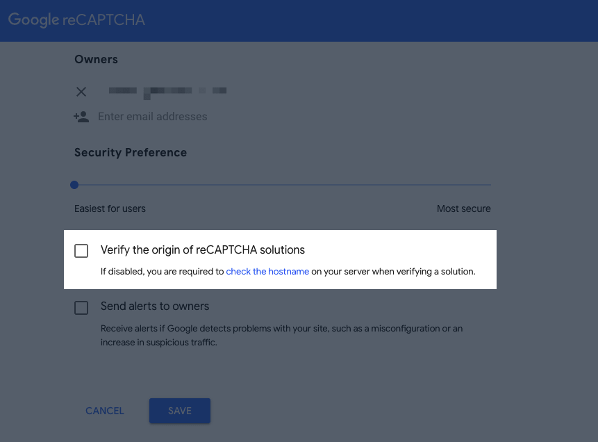 image showing to uncheck the box that says verify the origin of reCAPTCHA solutions