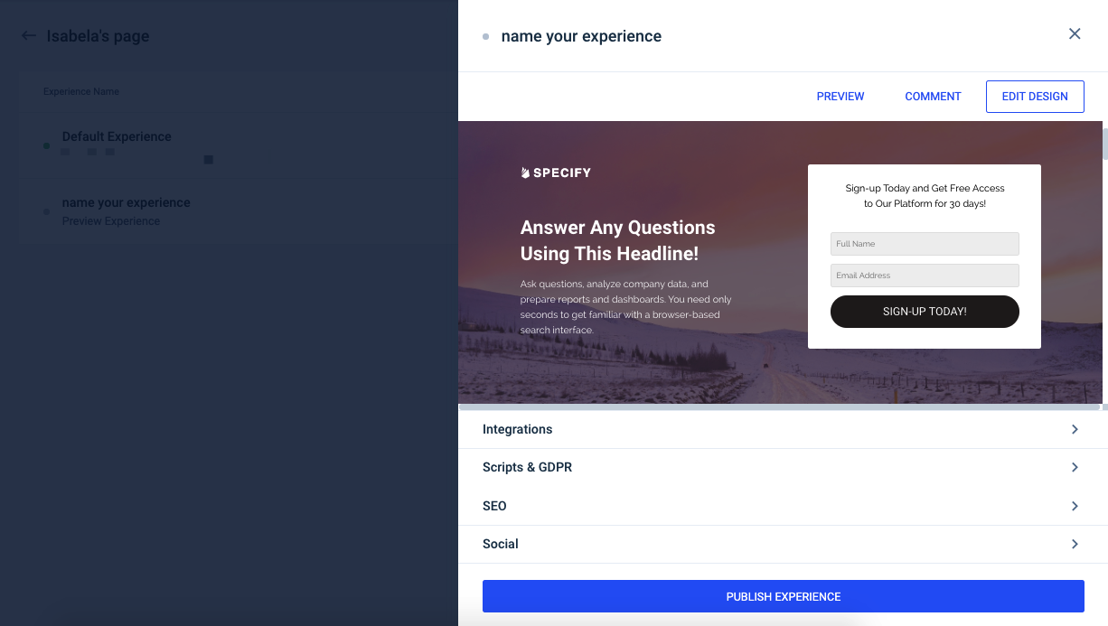 image of how to start editing an experience in the slideout menu