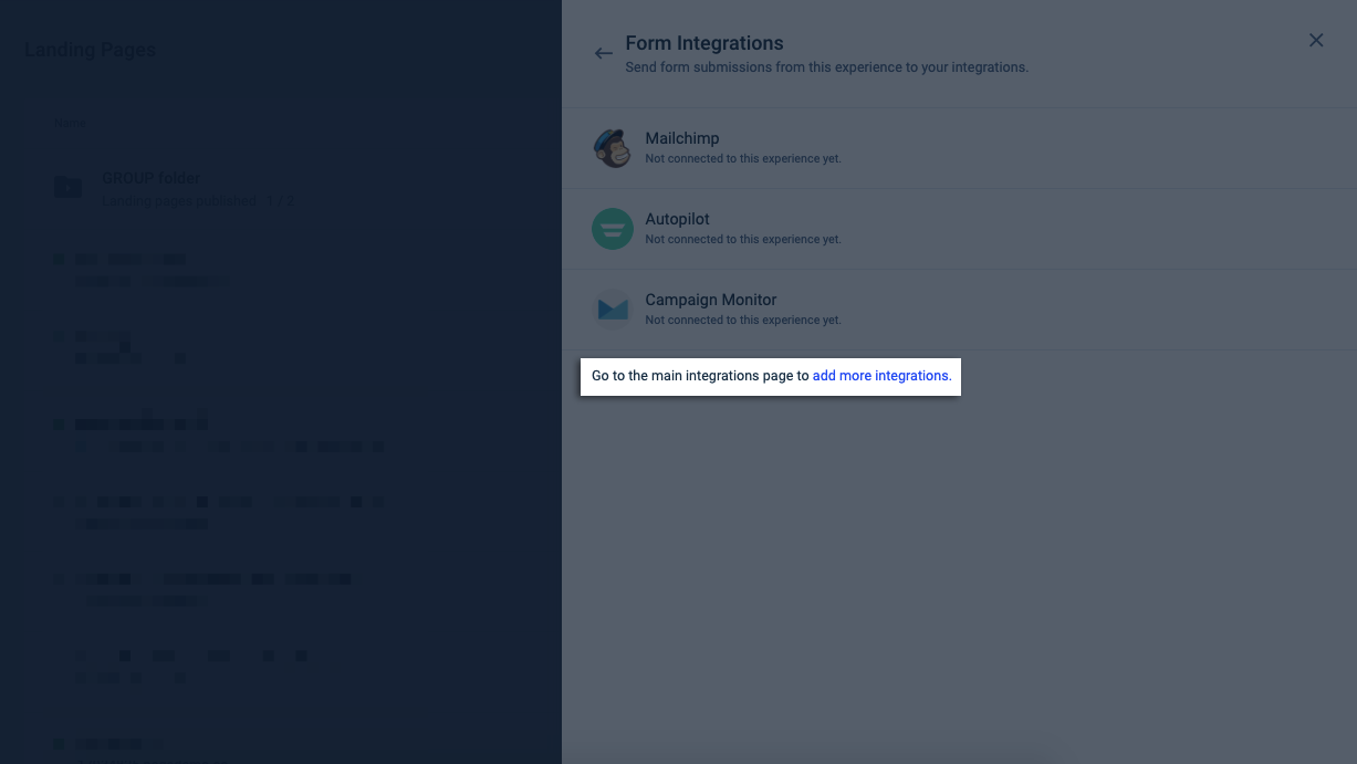 image of the page slideout options; integrations