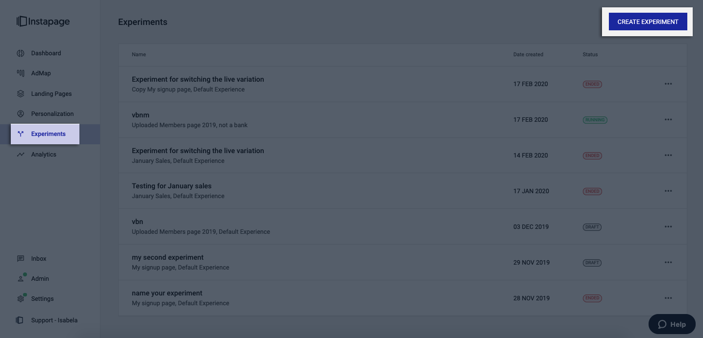 image of the button for creating a new experiment in the experiments dashboard