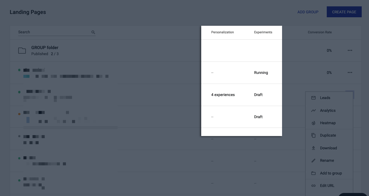 image of the Personalization or the Experiments tab for a particular landing page