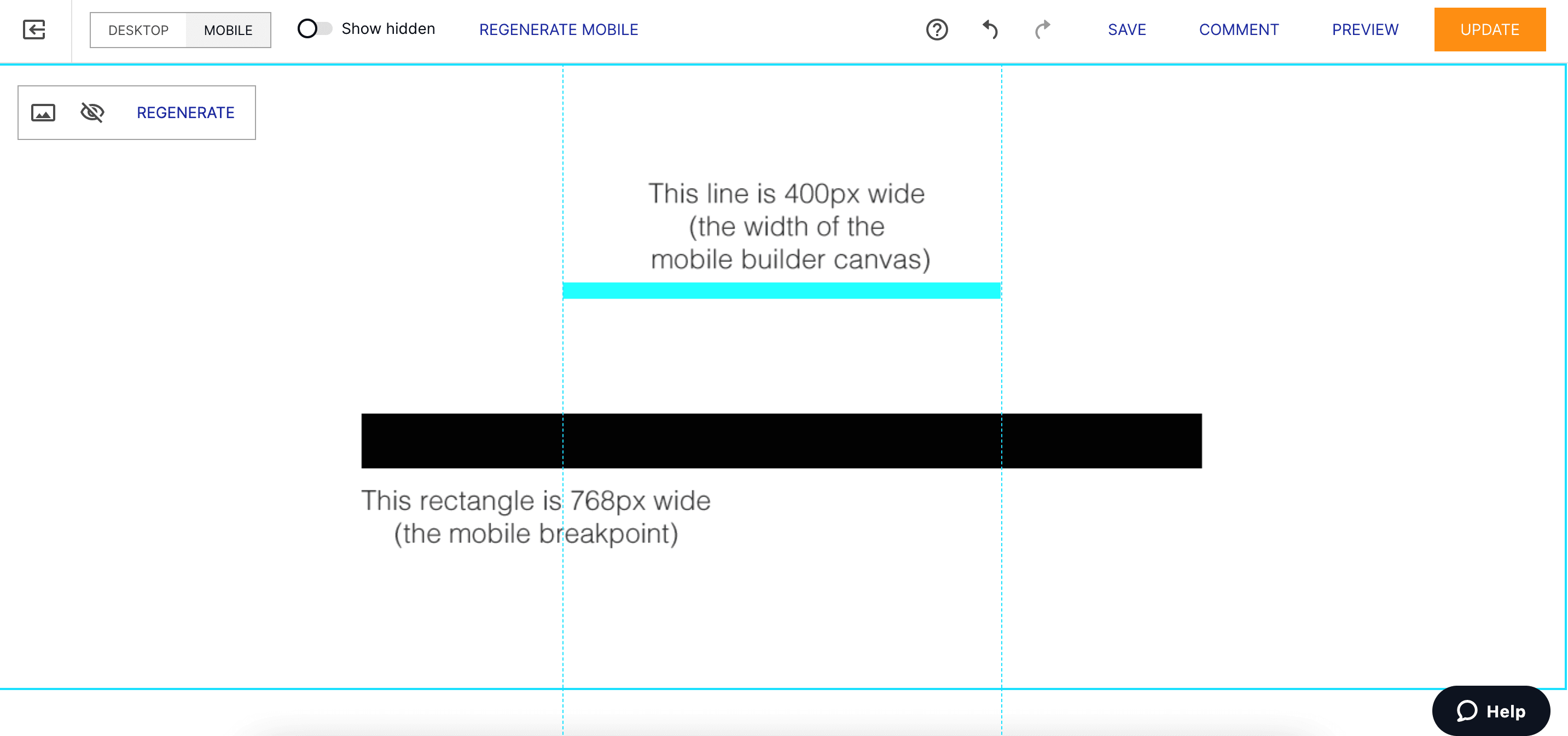 A screenshot of the mobile builder with a background image that shows a visual representation of how much 400px and 768px are