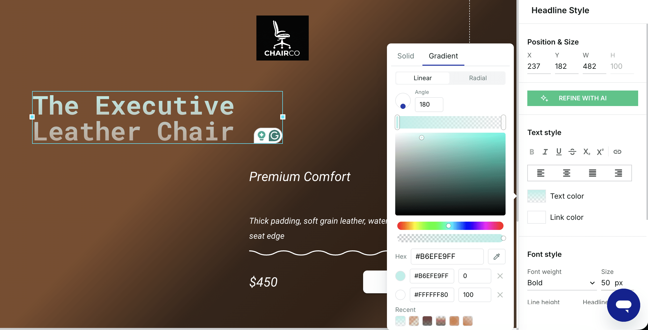 A headline on the canvas filled with a gradient from one color to another.