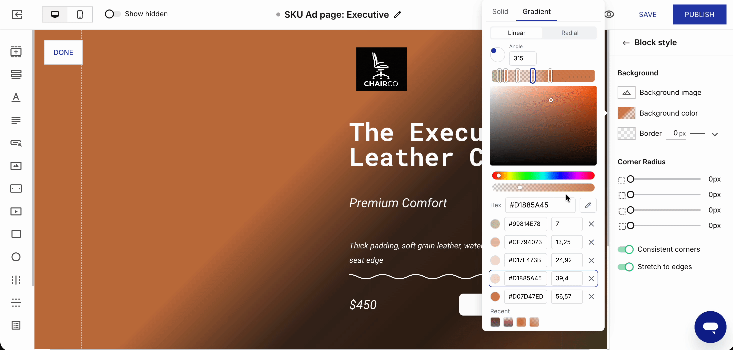 A gradient with five stops in the color picker. The forth and fifth stop is selected and its transparency slider is shown.